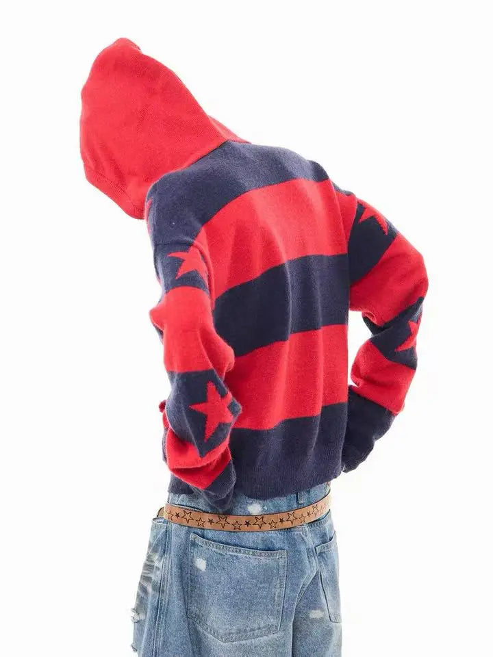 Retro Star Striped Hoodie Knit  f0364