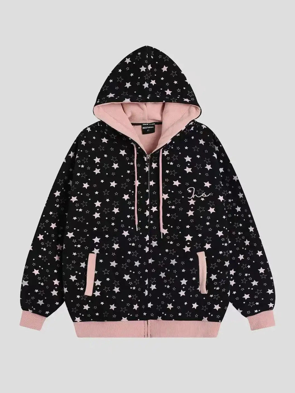 Vintage Star Print Fleece Zip Hoodie  f0363