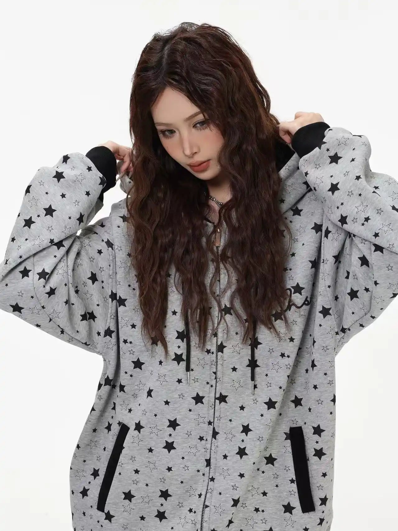 Vintage Star Print Fleece Zip Hoodie  f0363