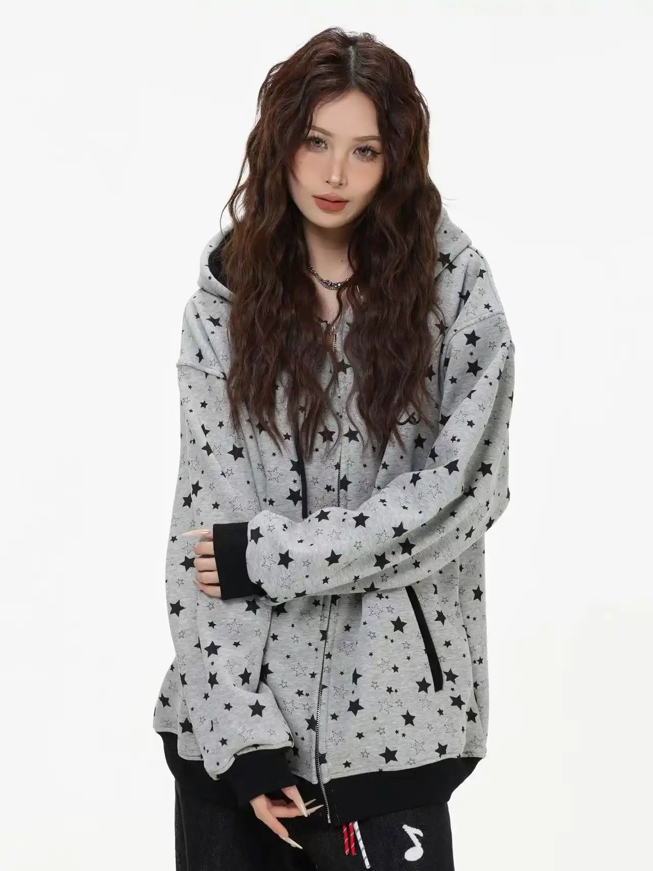 Vintage Star Print Fleece Zip Hoodie  f0363