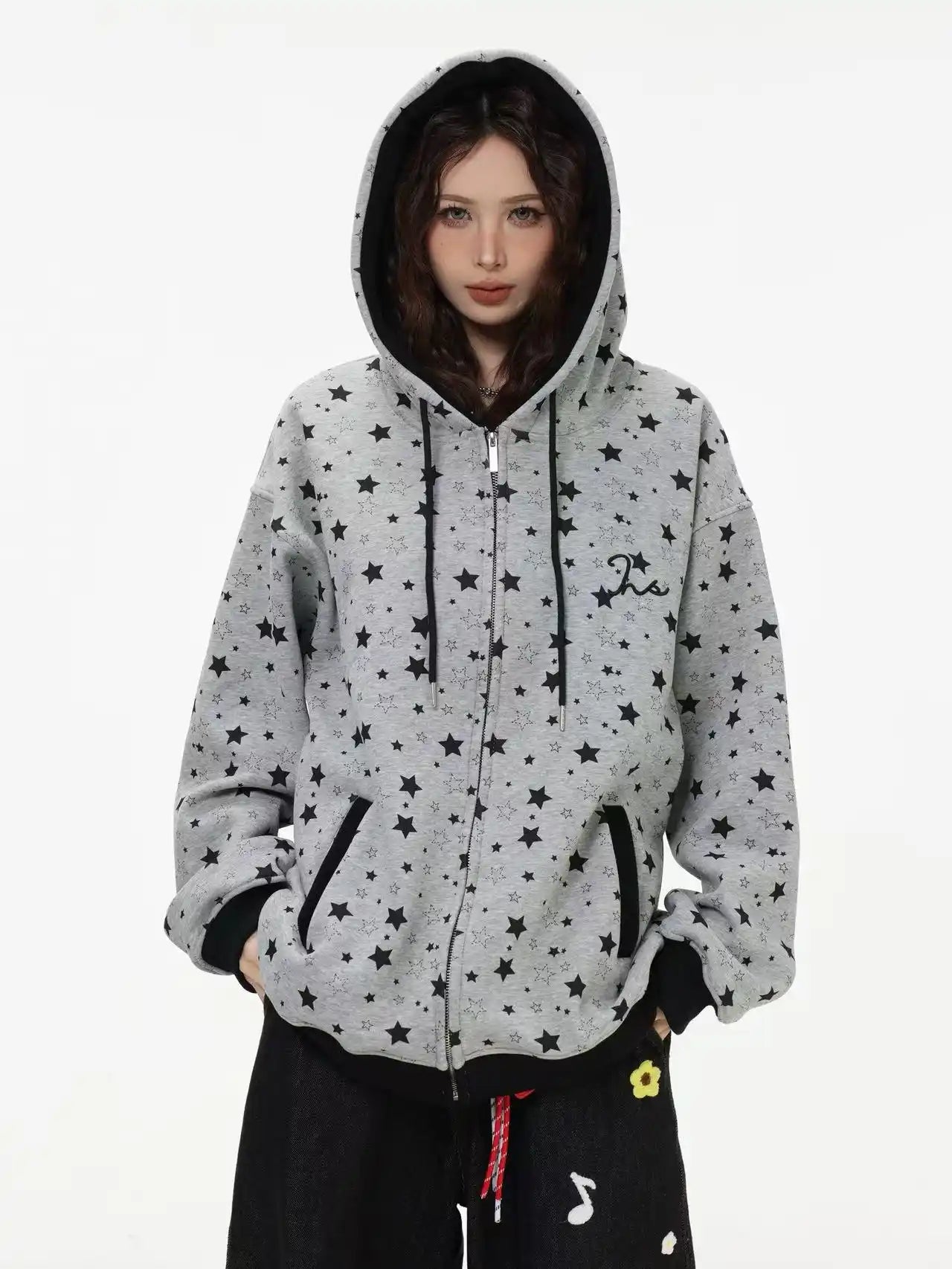 Vintage Star Print Fleece Zip Hoodie  f0363