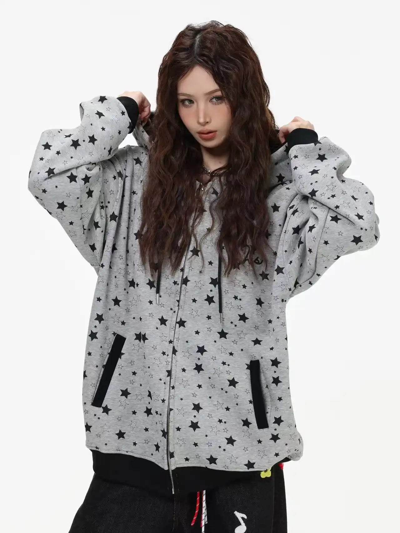 Vintage Star Print Fleece Zip Hoodie  f0363