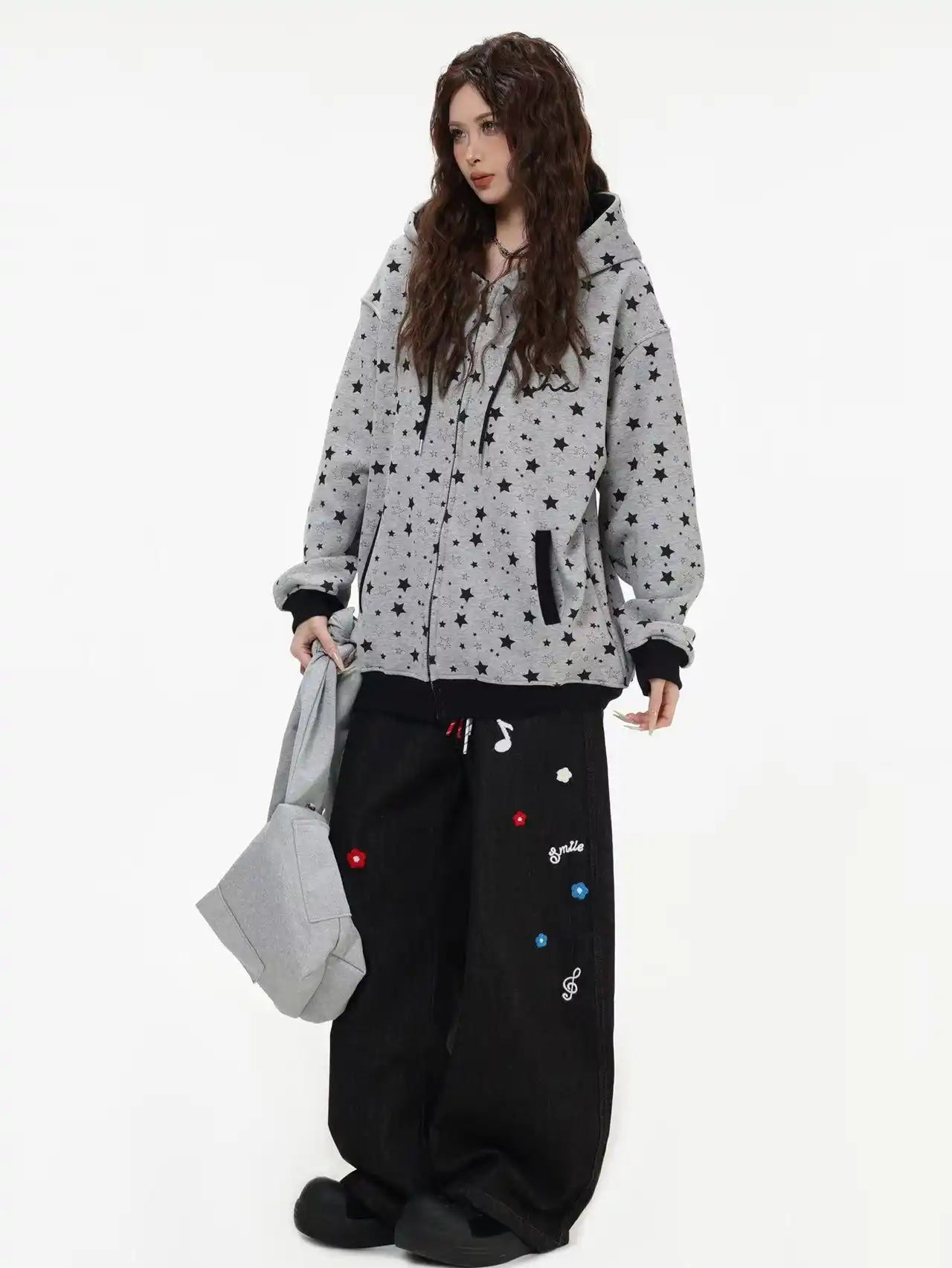 Vintage Star Print Fleece Zip Hoodie  f0363