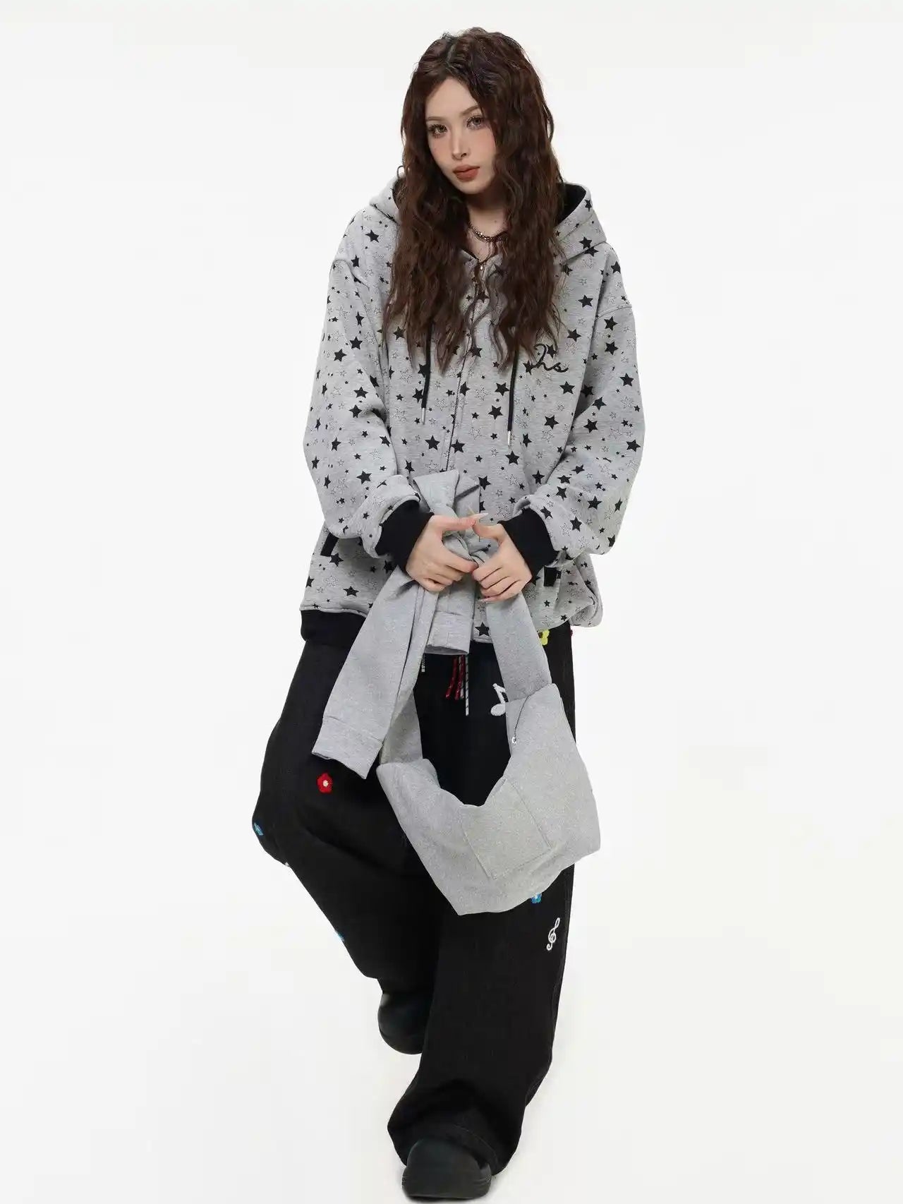 Vintage Star Print Fleece Zip Hoodie  f0363