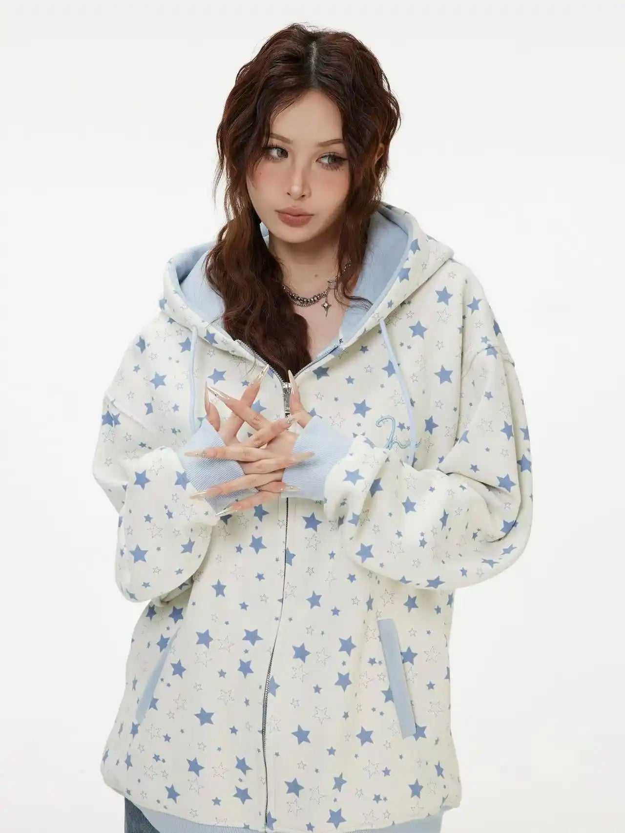 Vintage Star Print Fleece Zip Hoodie  f0363