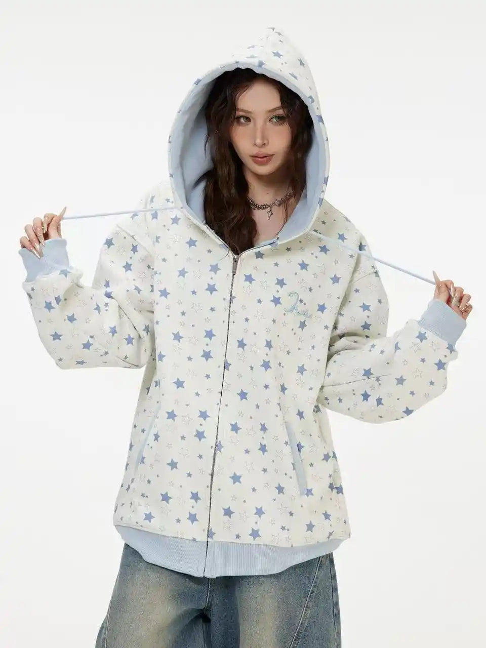 Vintage Star Print Fleece Zip Hoodie  f0363