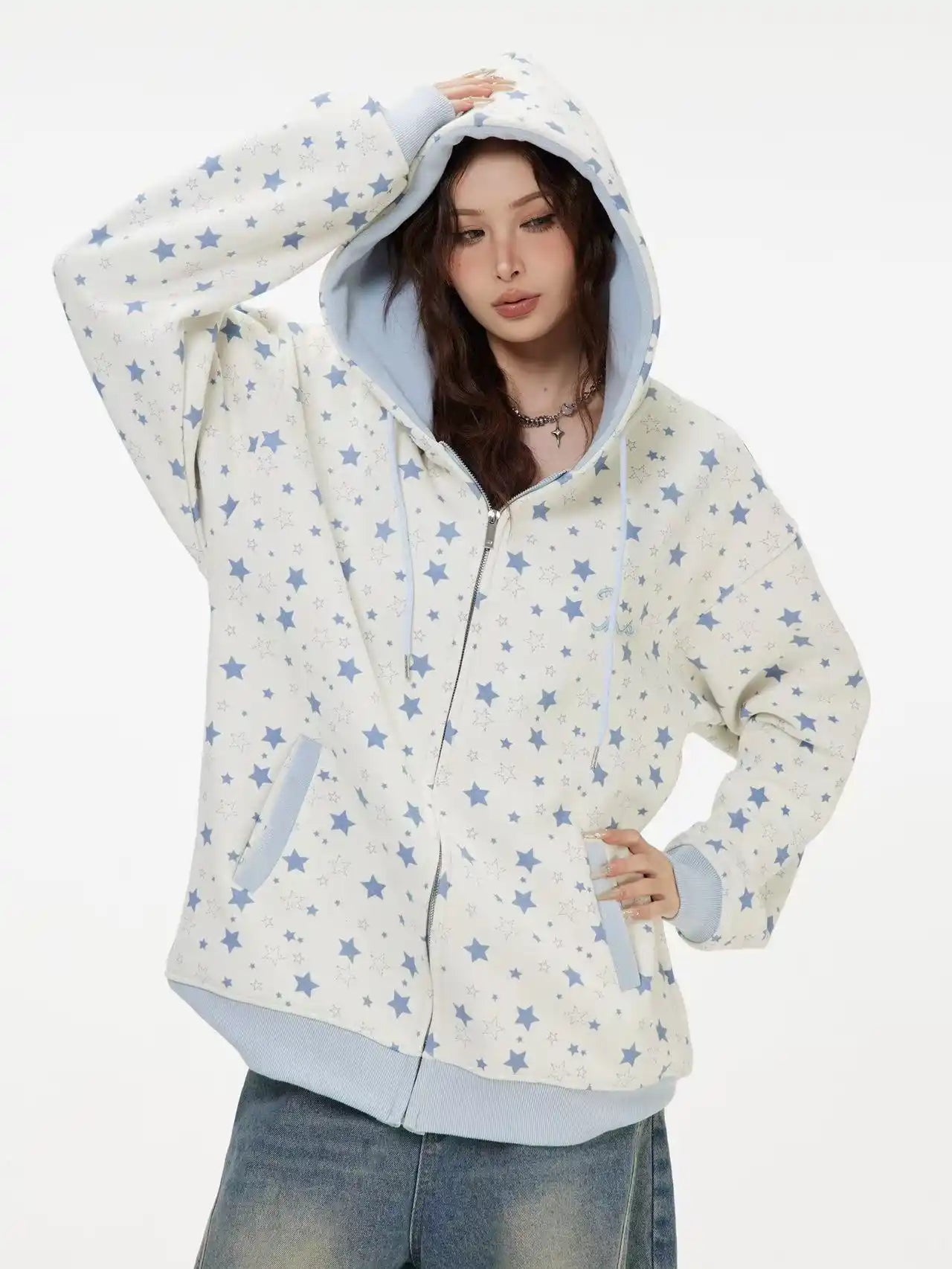 Vintage Star Print Fleece Zip Hoodie  f0363