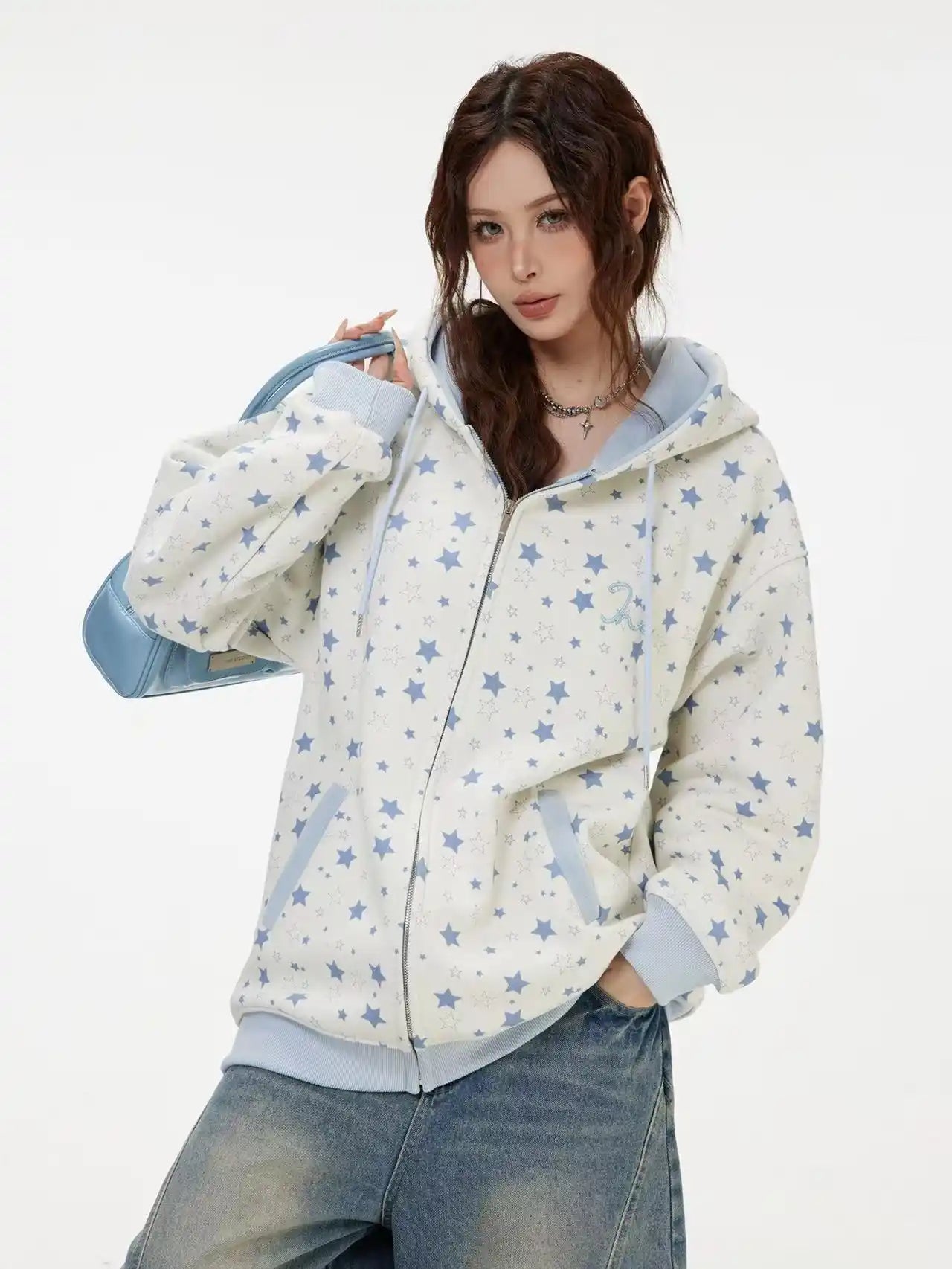 Vintage Star Print Fleece Zip Hoodie  f0363