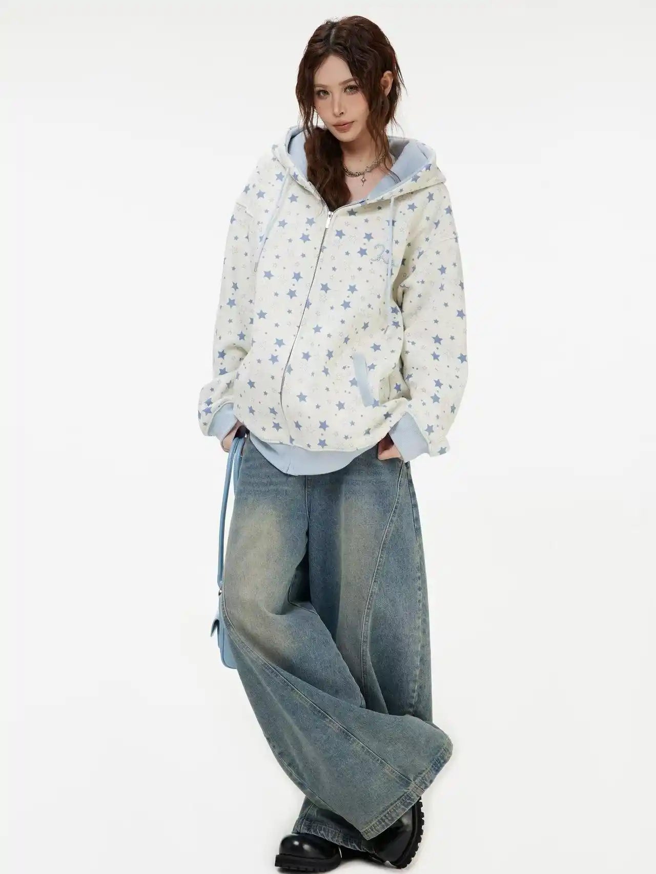 Vintage Star Print Fleece Zip Hoodie  f0363