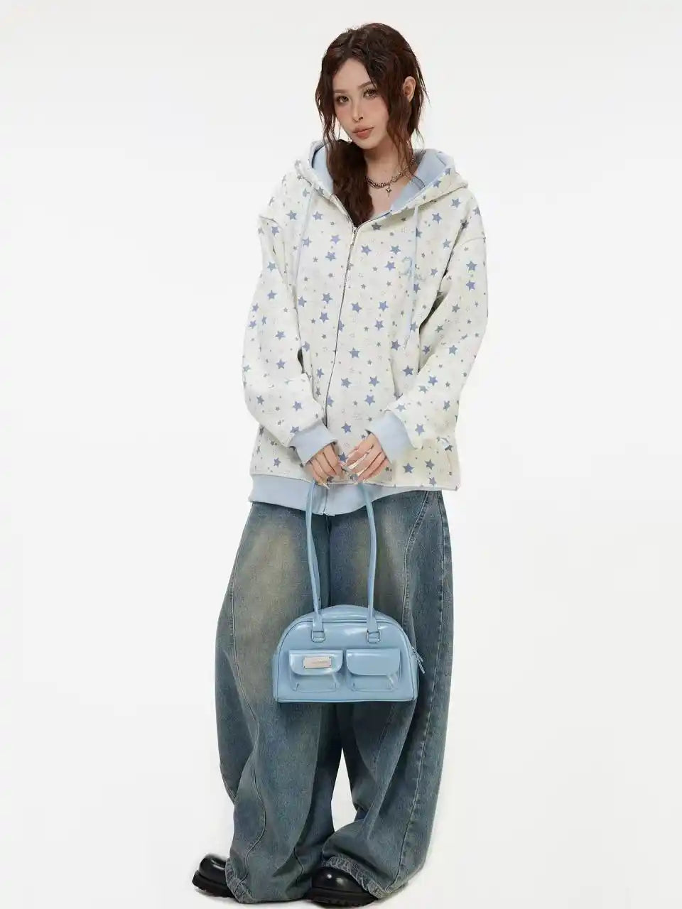 Vintage Star Print Fleece Zip Hoodie  f0363