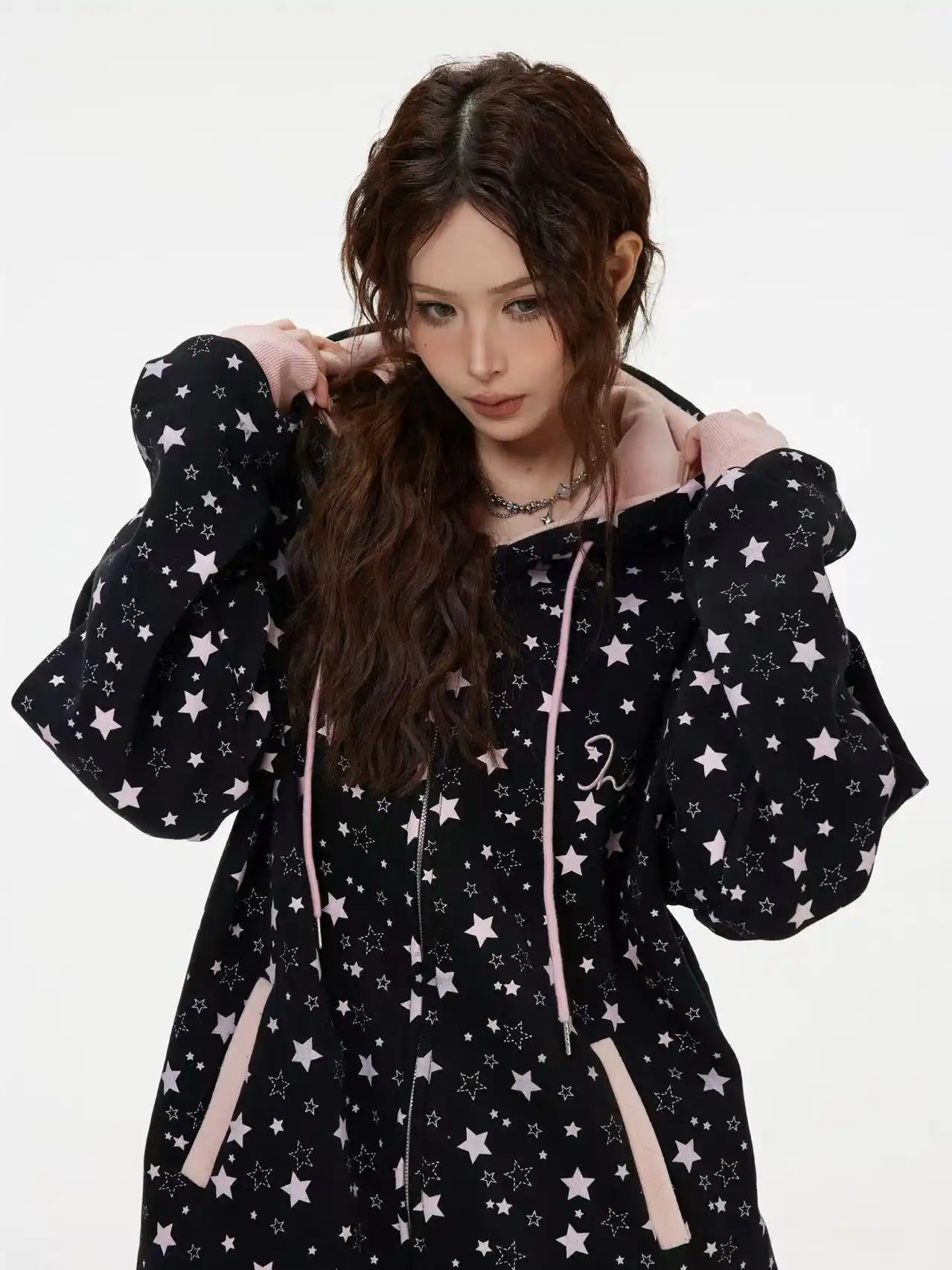 Vintage Star Print Fleece Zip Hoodie  f0363