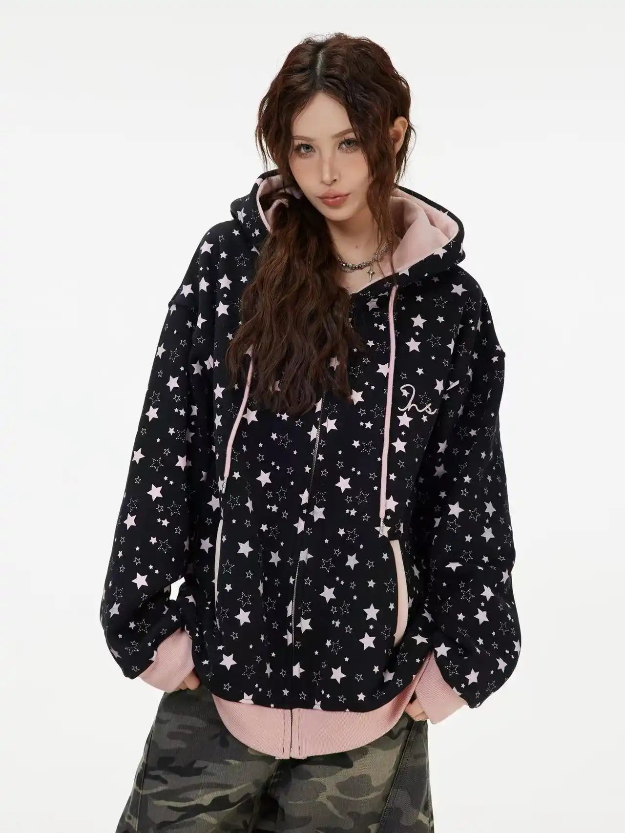 Vintage Star Print Fleece Zip Hoodie  f0363