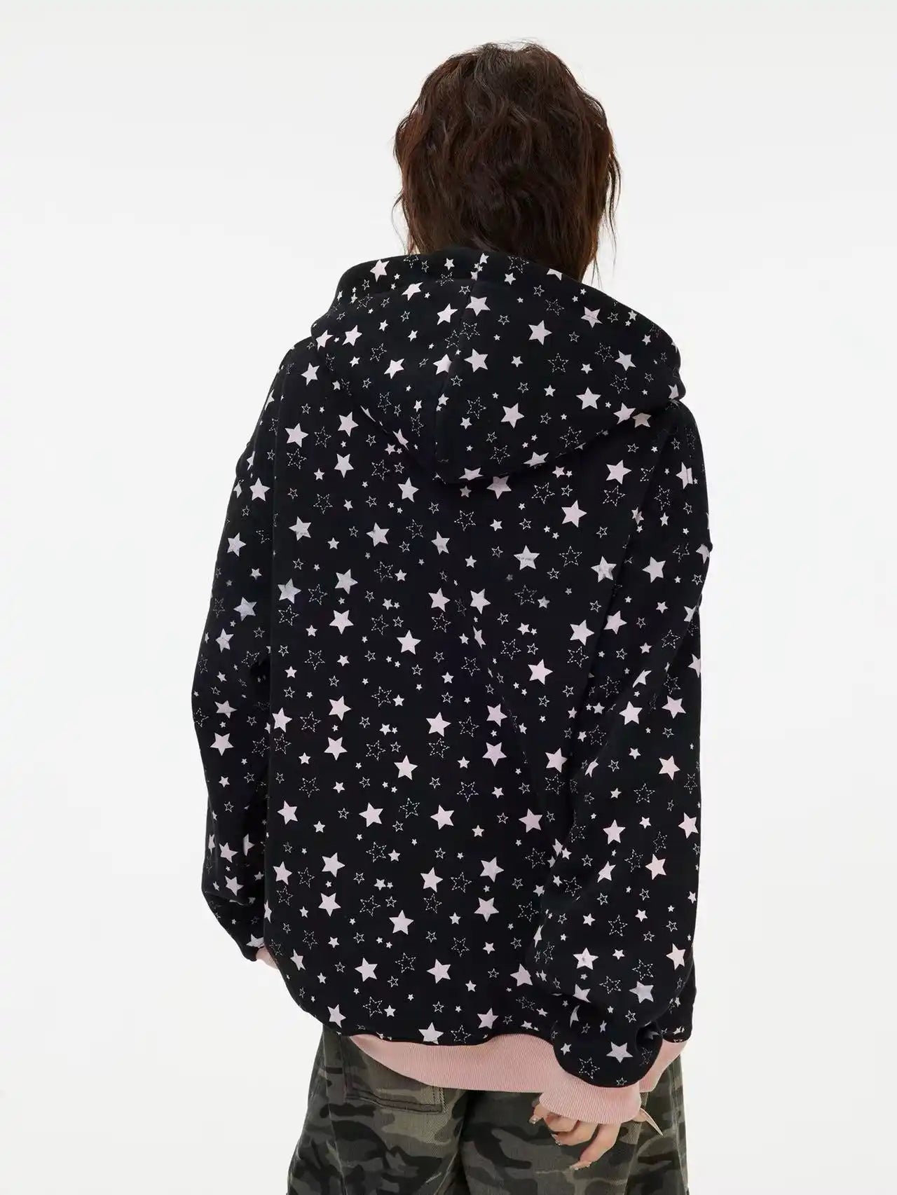 Vintage Star Print Fleece Zip Hoodie  f0363