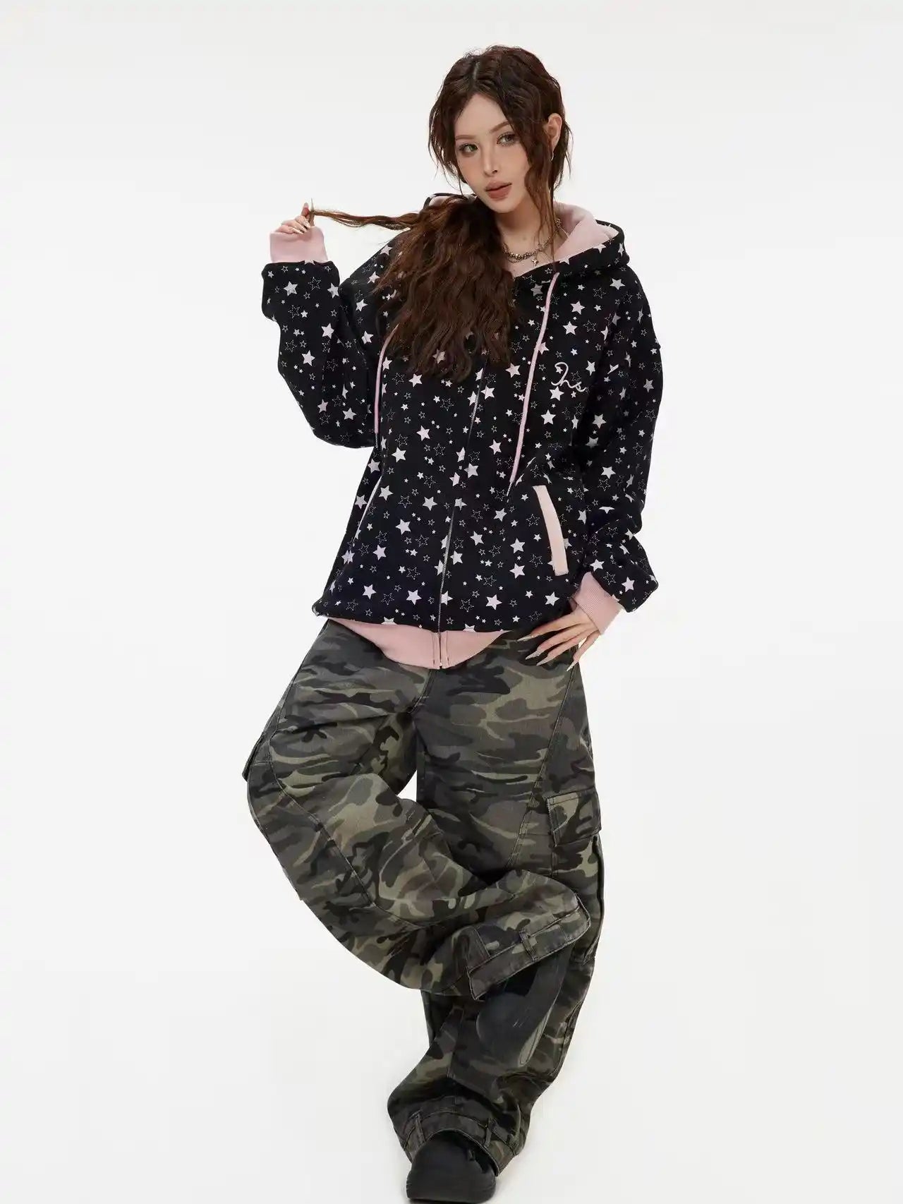 Vintage Star Print Fleece Zip Hoodie  f0363