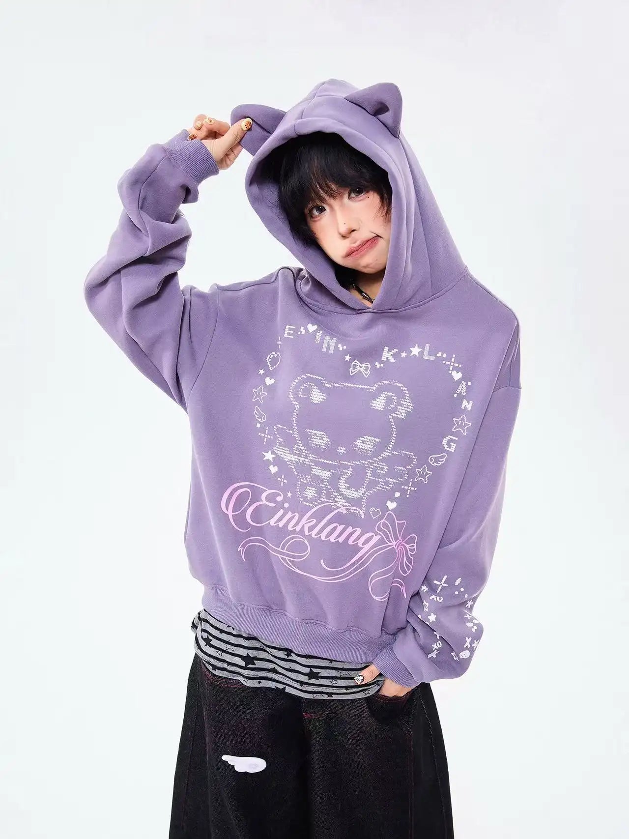 Bear Ear Heart Graphic Hoodie  f0362