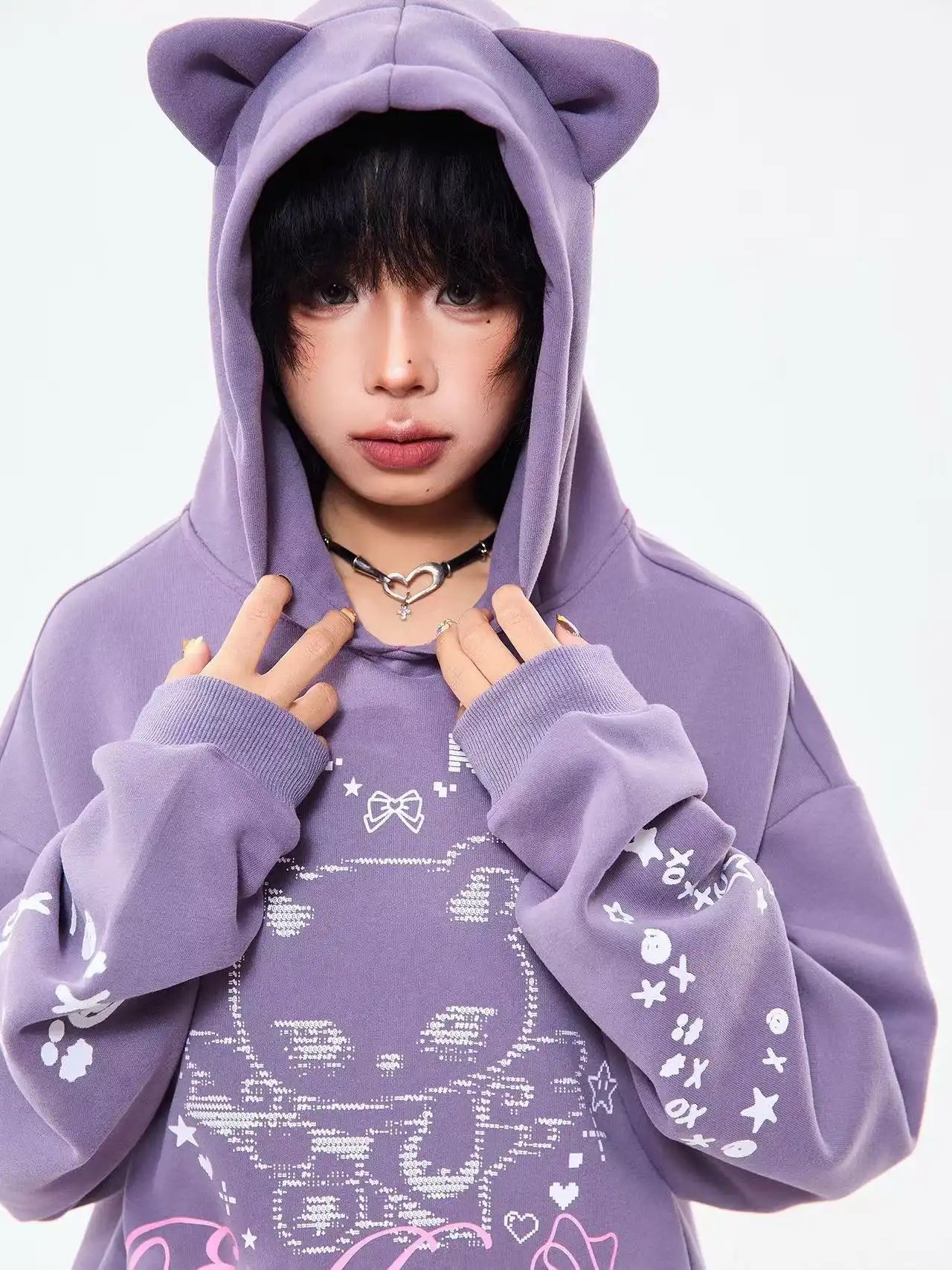Bear Ear Heart Graphic Hoodie  f0362