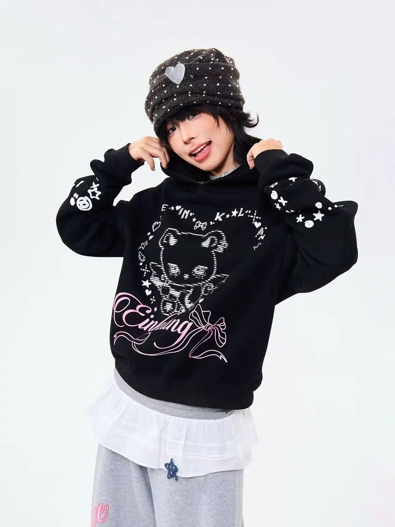 Bear Ear Heart Graphic Hoodie  f0362