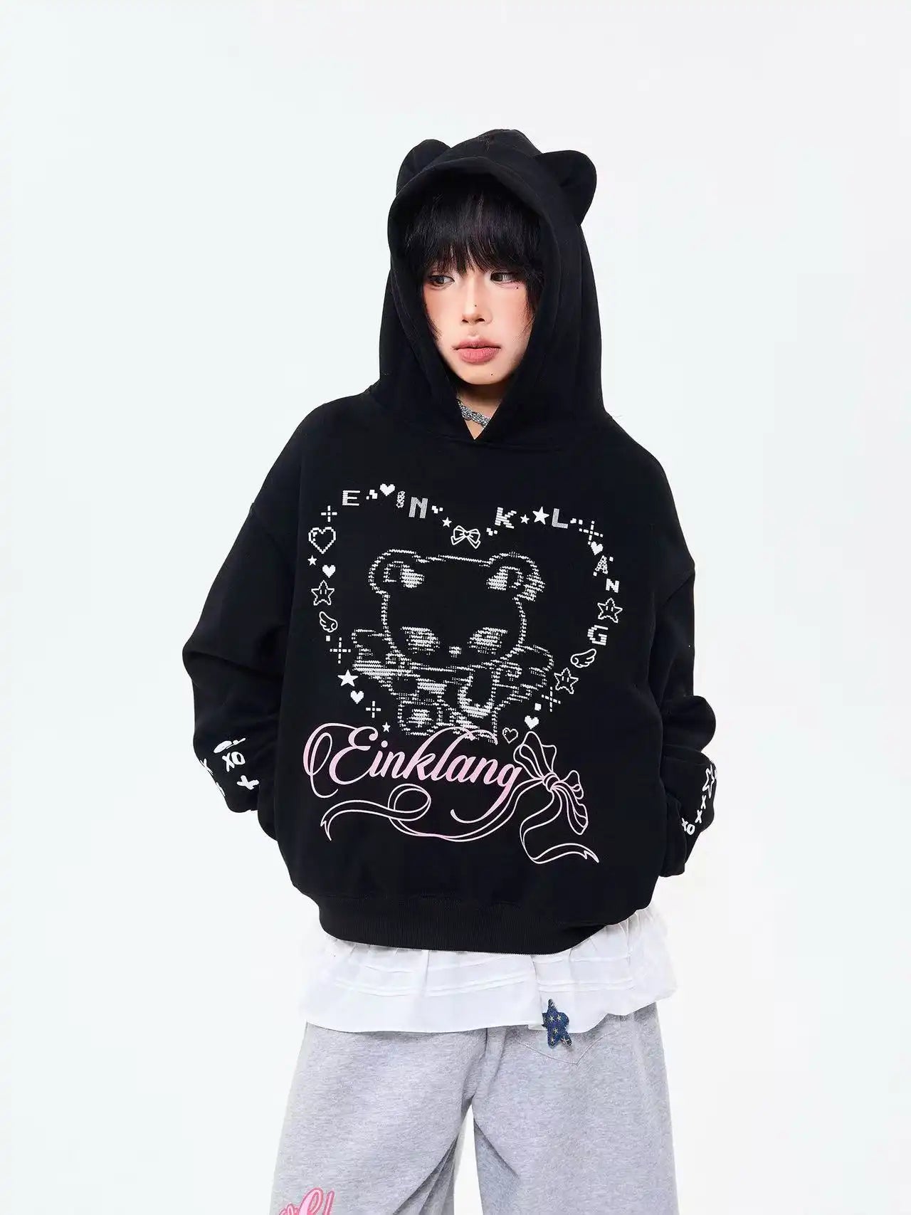 Bear Ear Heart Graphic Hoodie  f0362