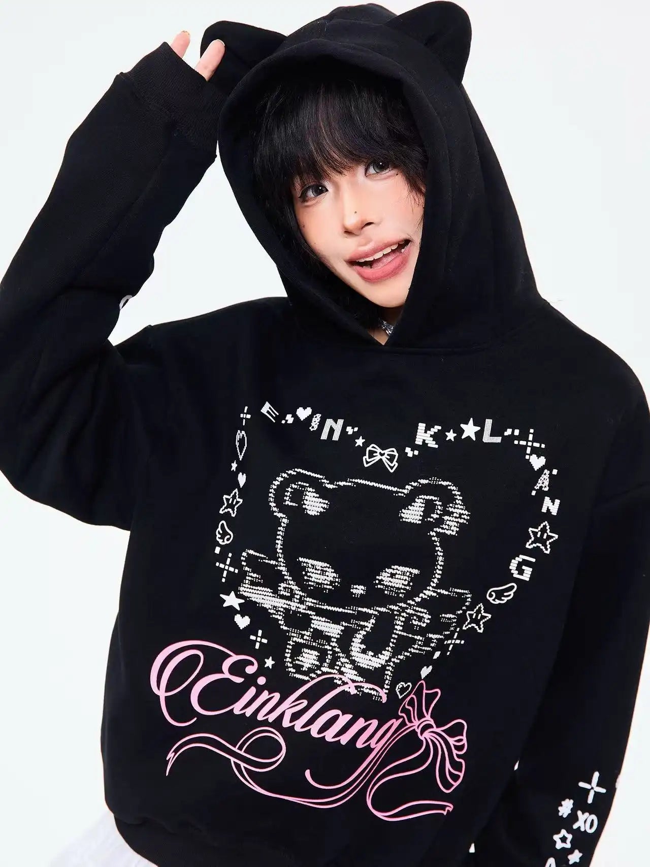 Bear Ear Heart Graphic Hoodie  f0362
