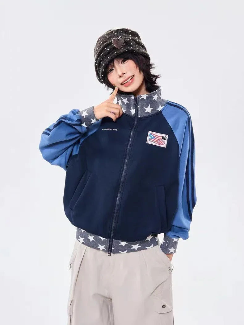 Retro Colorblock Stand Collar Zip Jacket  f0361