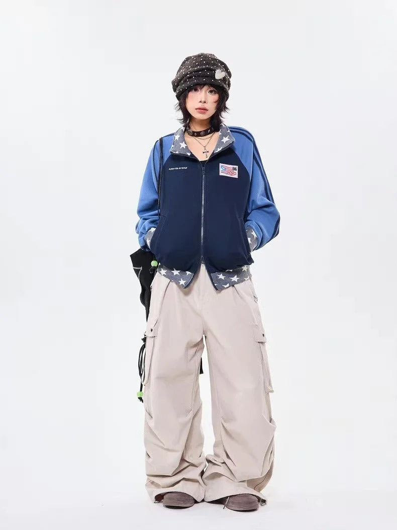 Retro Colorblock Stand Collar Zip Jacket  f0361