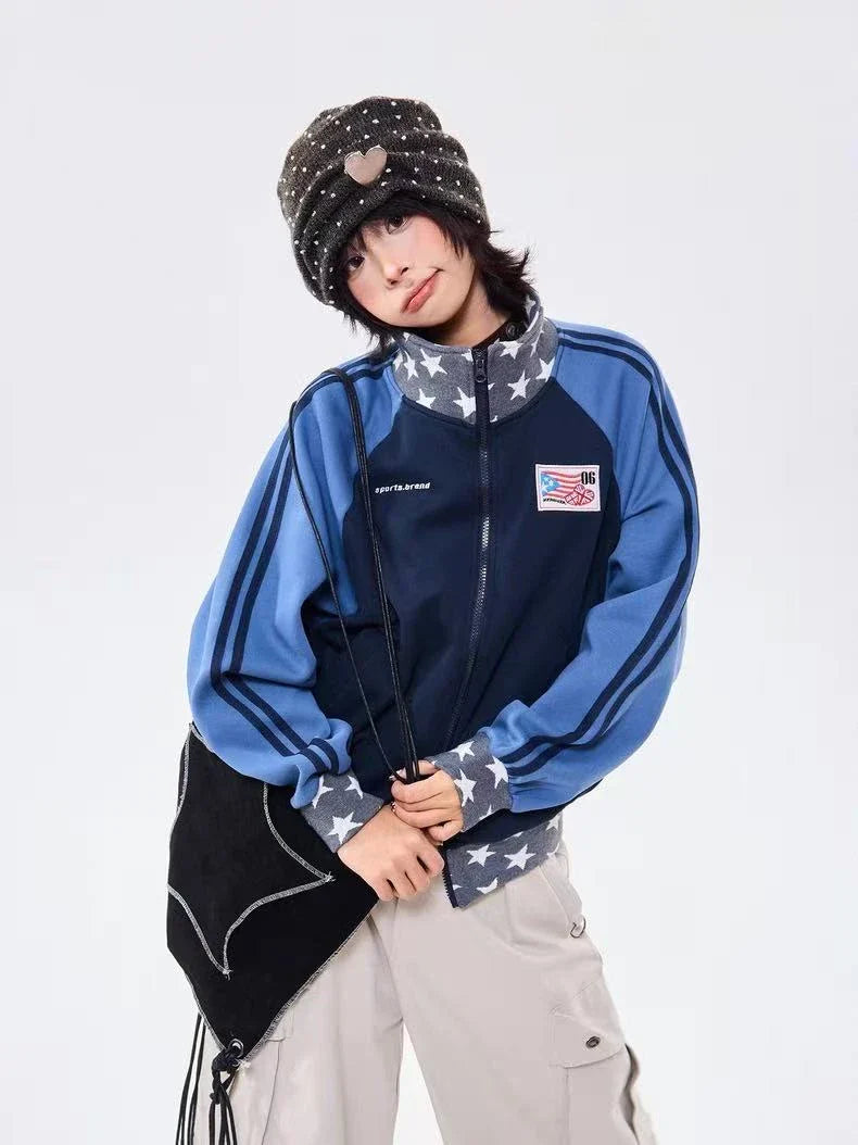 Retro Colorblock Stand Collar Zip Jacket  f0361