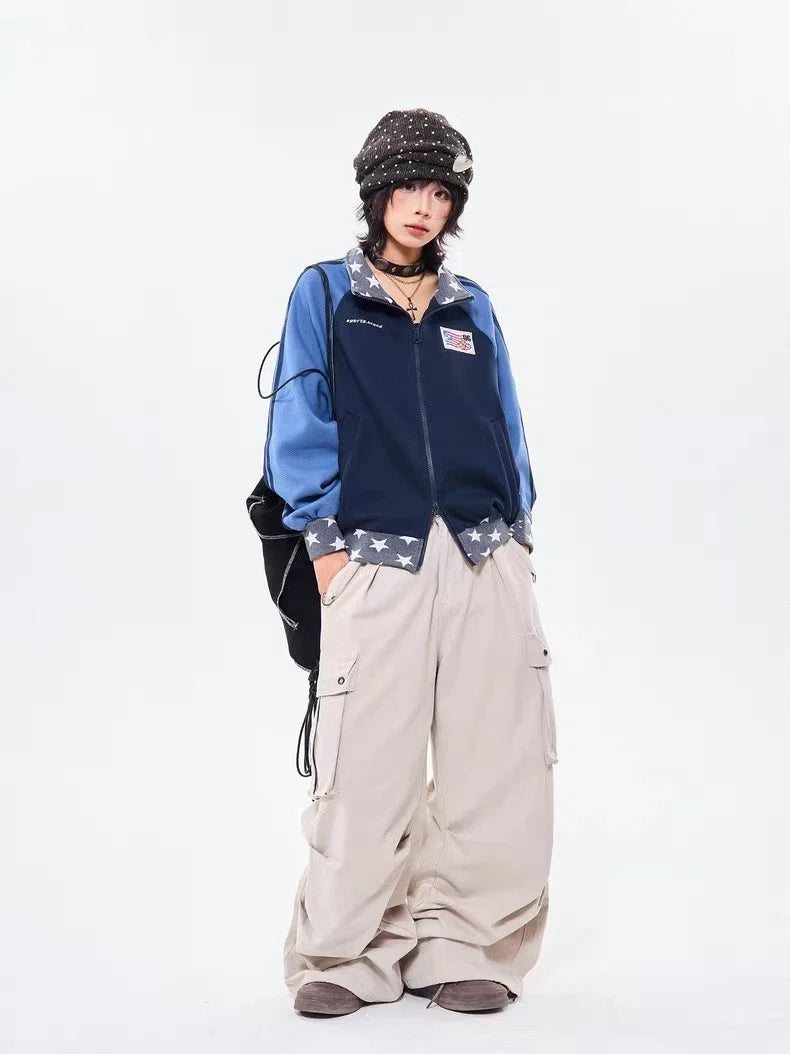 Retro Colorblock Stand Collar Zip Jacket  f0361