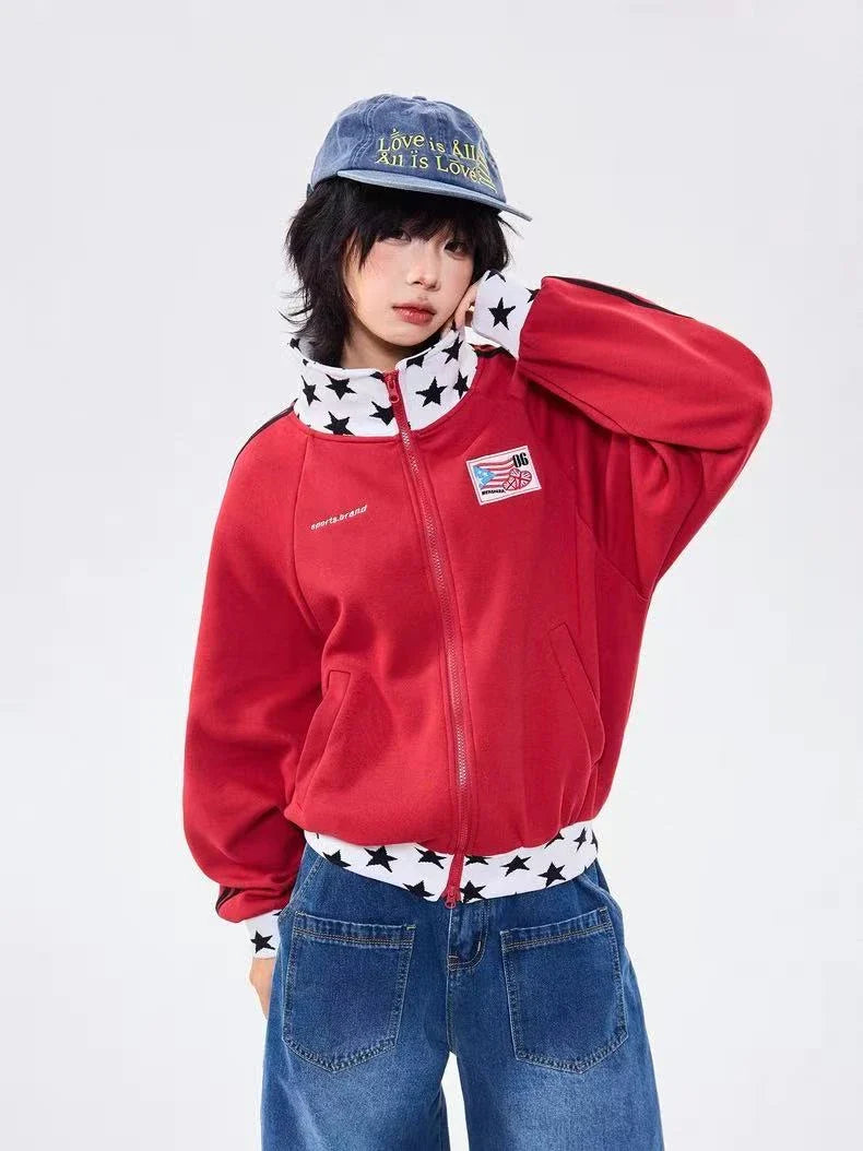 Retro Colorblock Stand Collar Zip Jacket  f0361