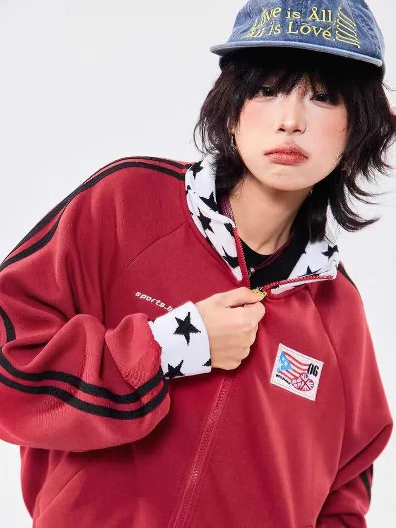 Retro Colorblock Stand Collar Zip Jacket  f0361