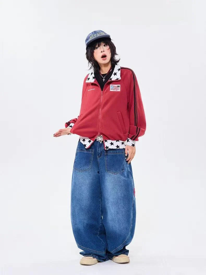 Retro Colorblock Stand Collar Zip Jacket  f0361