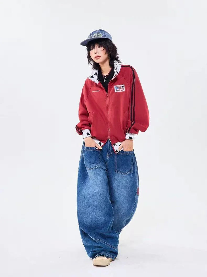 Retro Colorblock Stand Collar Zip Jacket  f0361