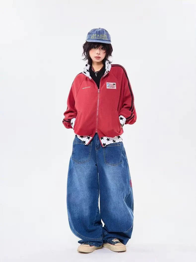 Retro Colorblock Stand Collar Zip Jacket  f0361