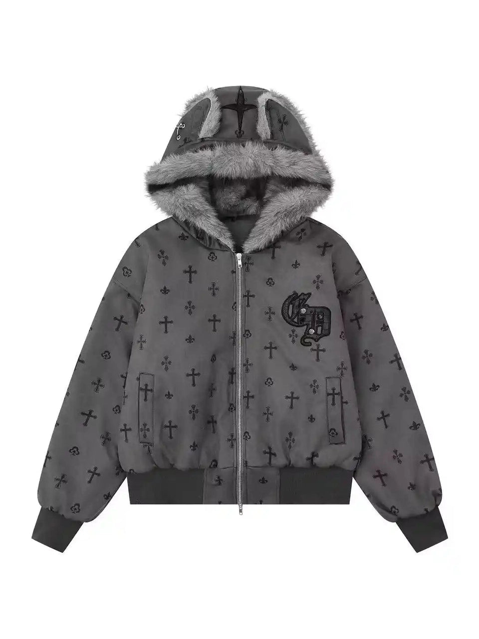 Vintage Suede Cross Faux-Fur Hooded Puffer  f0360