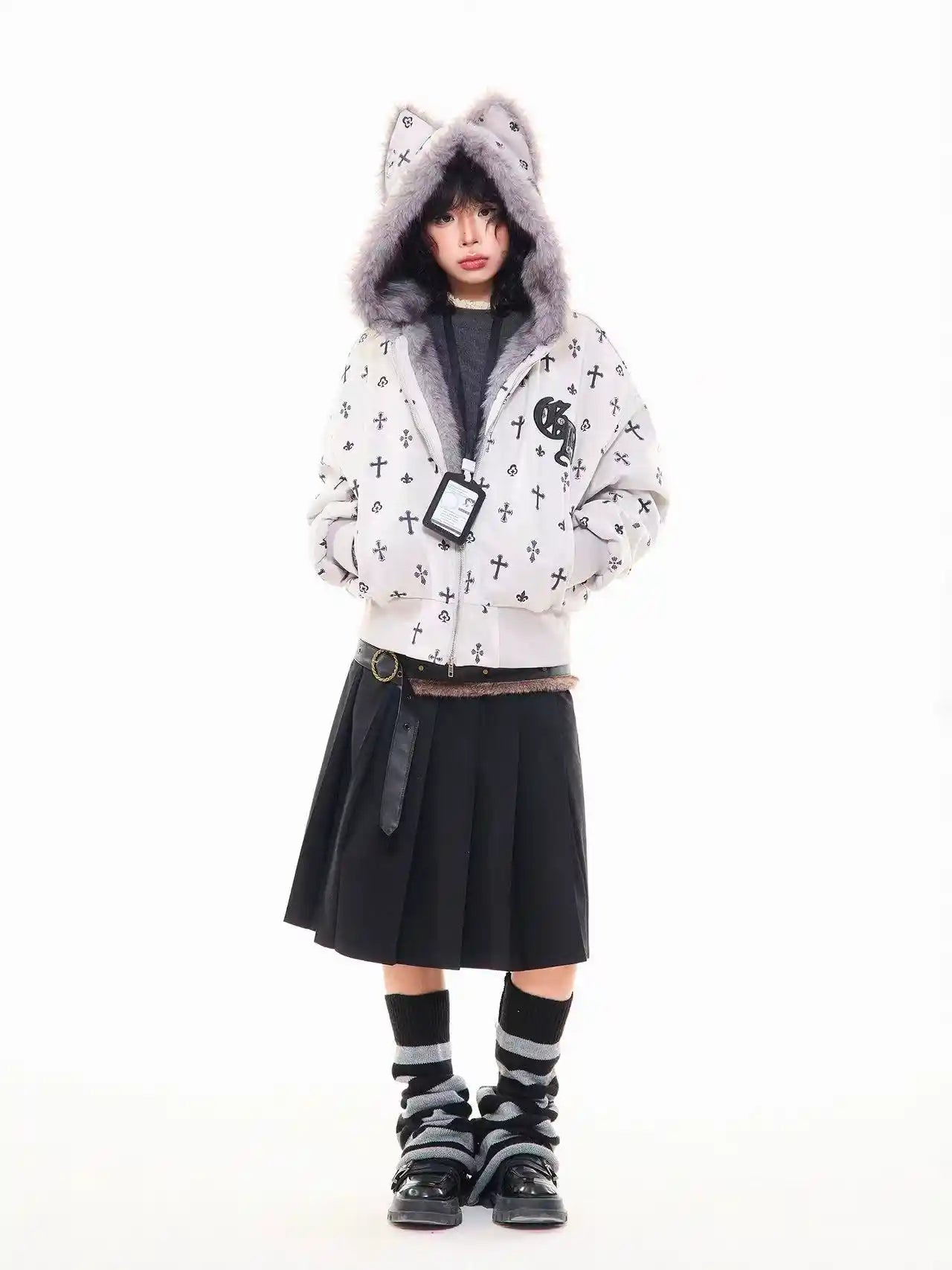 Vintage Suede Cross Faux-Fur Hooded Puffer  f0360