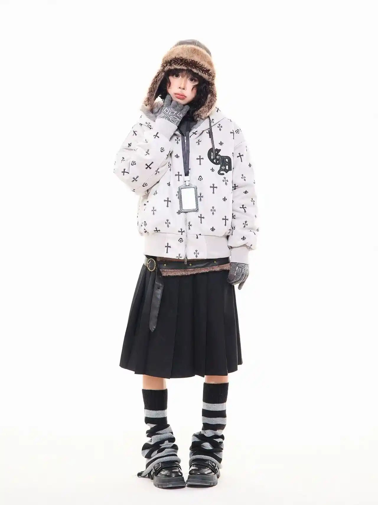 Vintage Suede Cross Faux-Fur Hooded Puffer  f0360