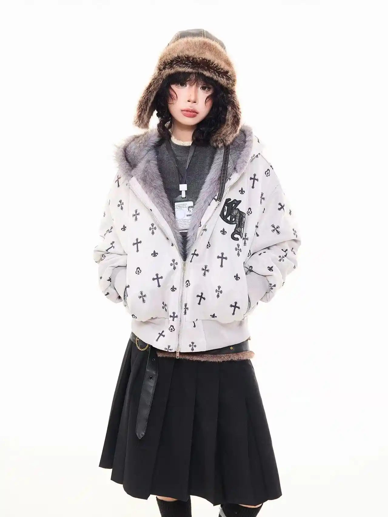 Vintage Suede Cross Faux-Fur Hooded Puffer  f0360