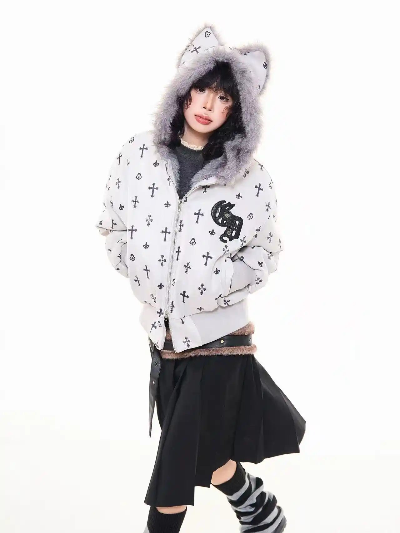 Vintage Suede Cross Faux-Fur Hooded Puffer  f0360