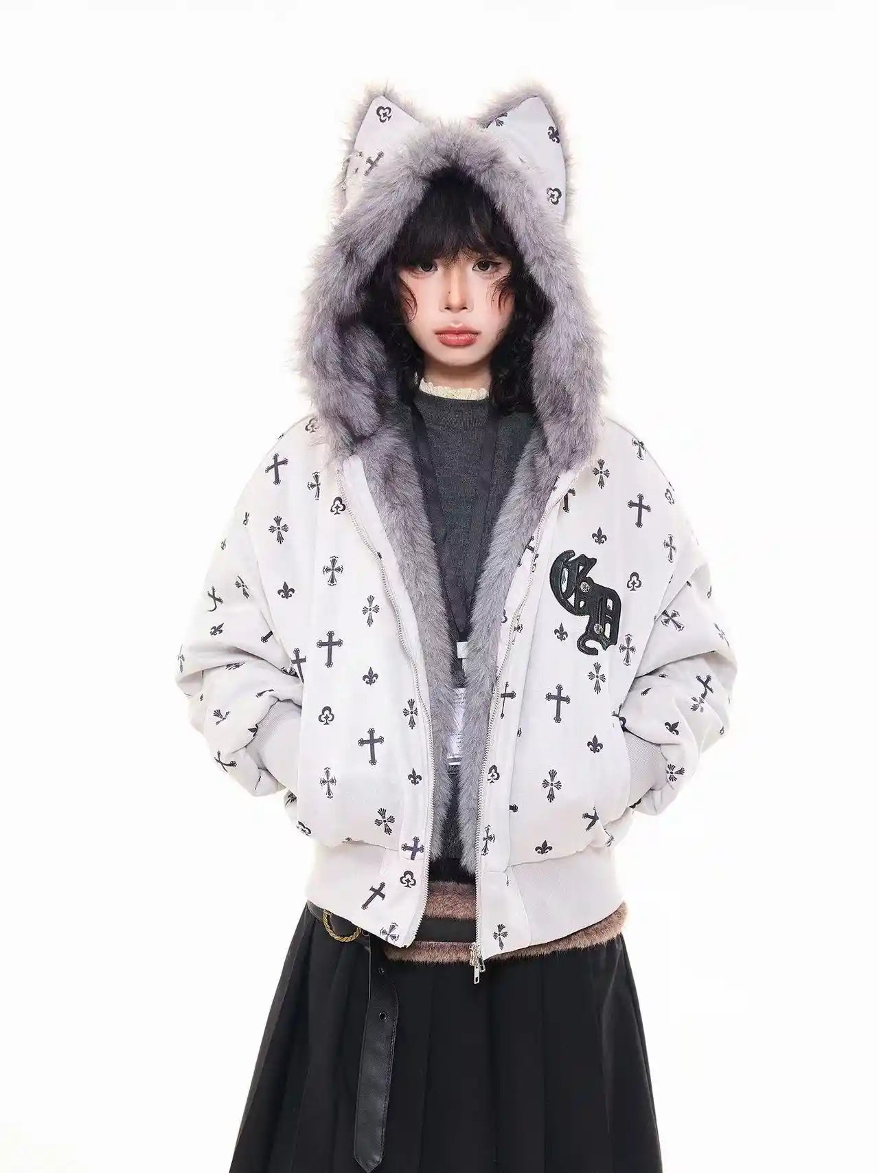 Vintage Suede Cross Faux-Fur Hooded Puffer  f0360