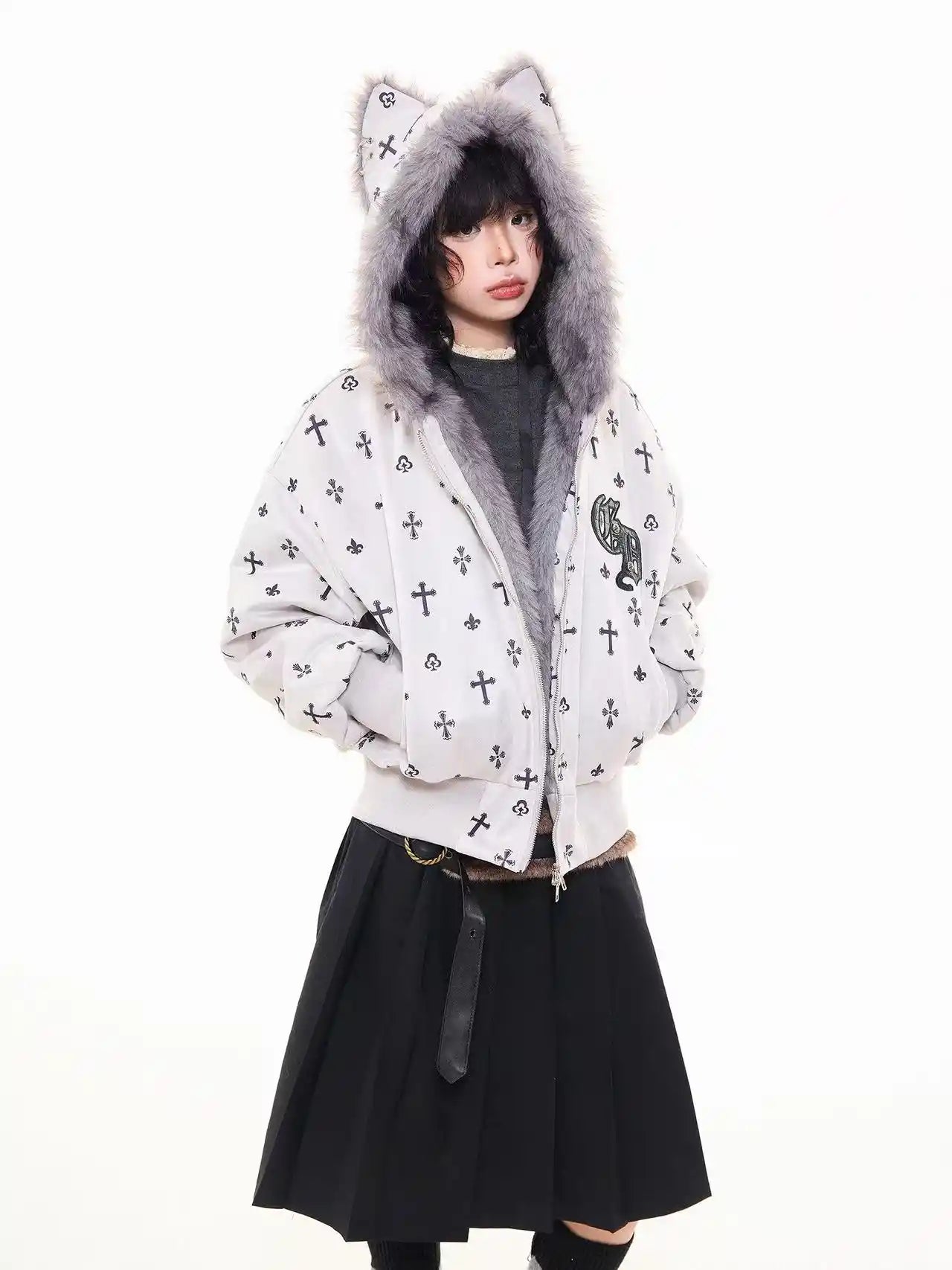 Vintage Suede Cross Faux-Fur Hooded Puffer  f0360