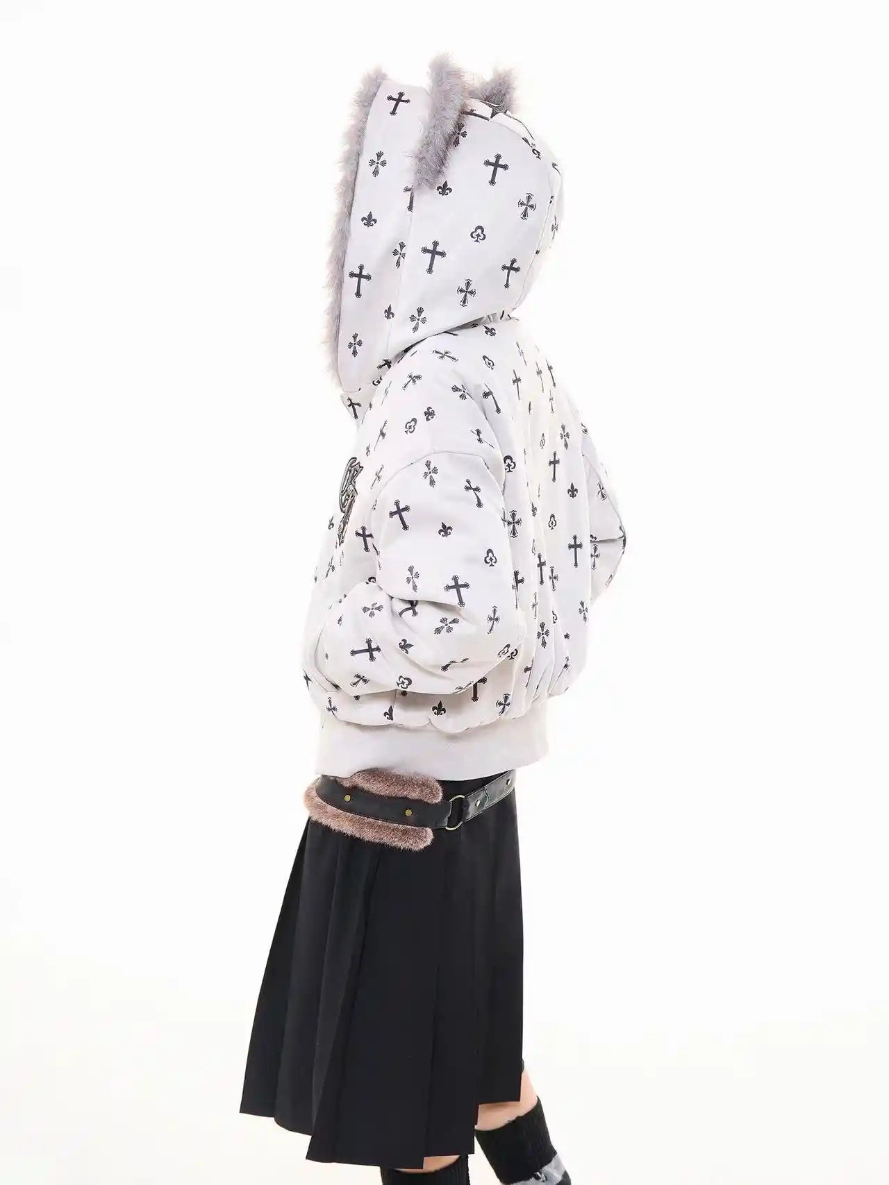 Vintage Suede Cross Faux-Fur Hooded Puffer  f0360