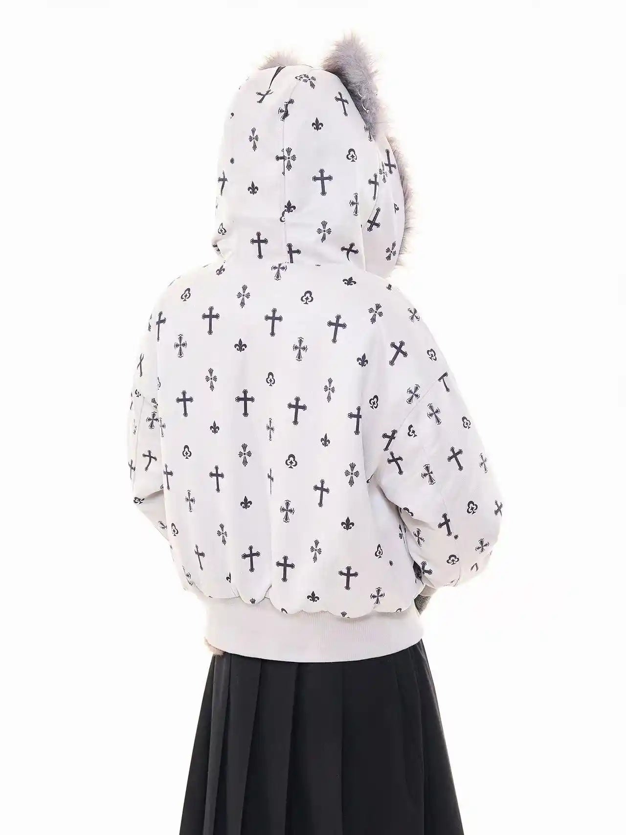 Vintage Suede Cross Faux-Fur Hooded Puffer  f0360