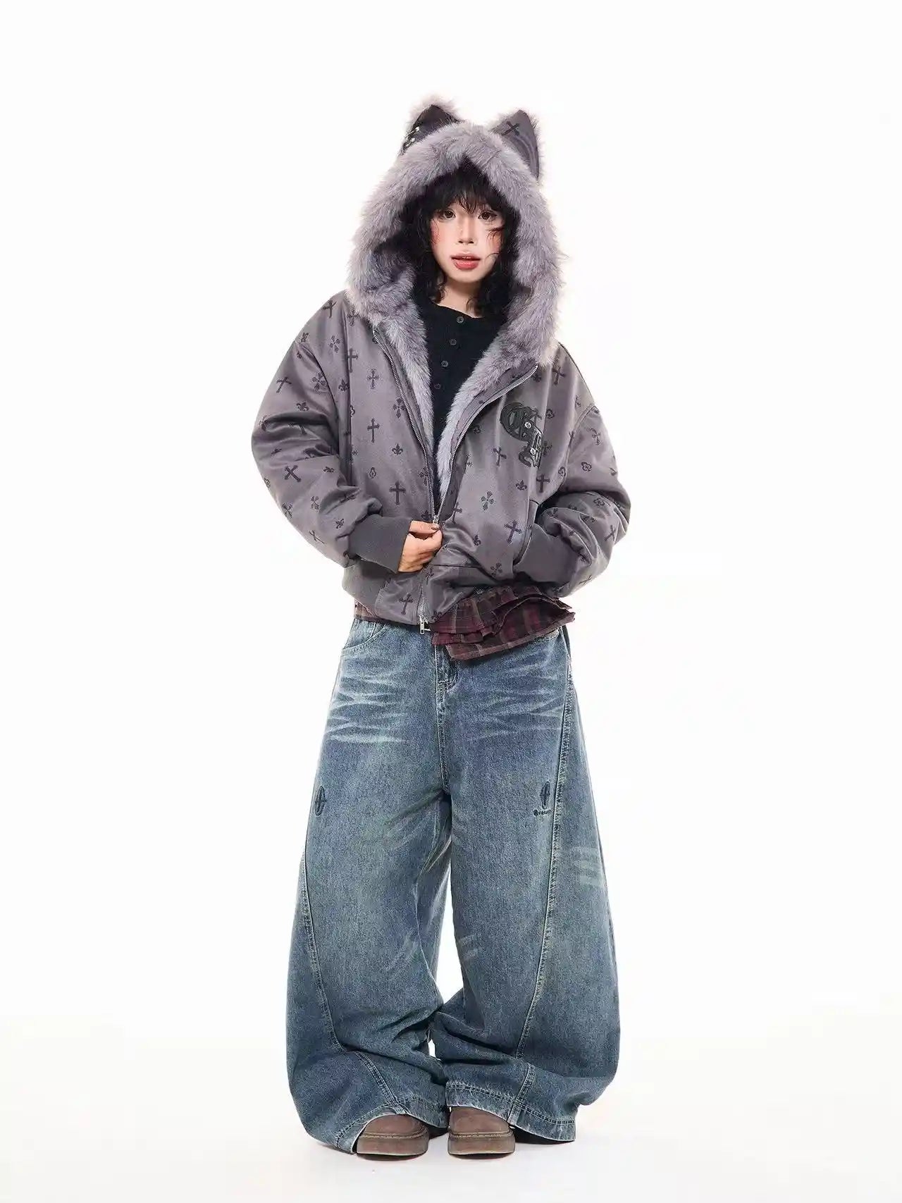 Vintage Suede Cross Faux-Fur Hooded Puffer  f0360