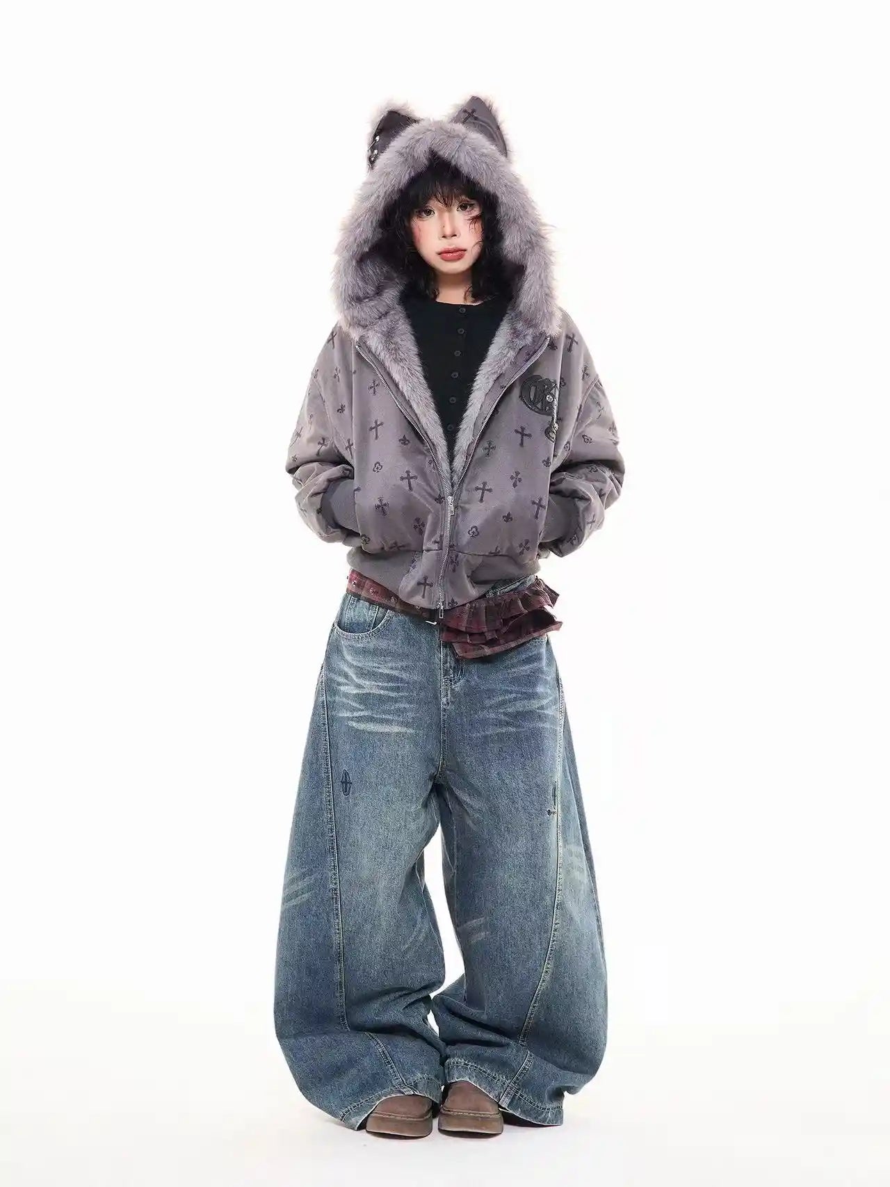 Vintage Suede Cross Faux-Fur Hooded Puffer  f0360