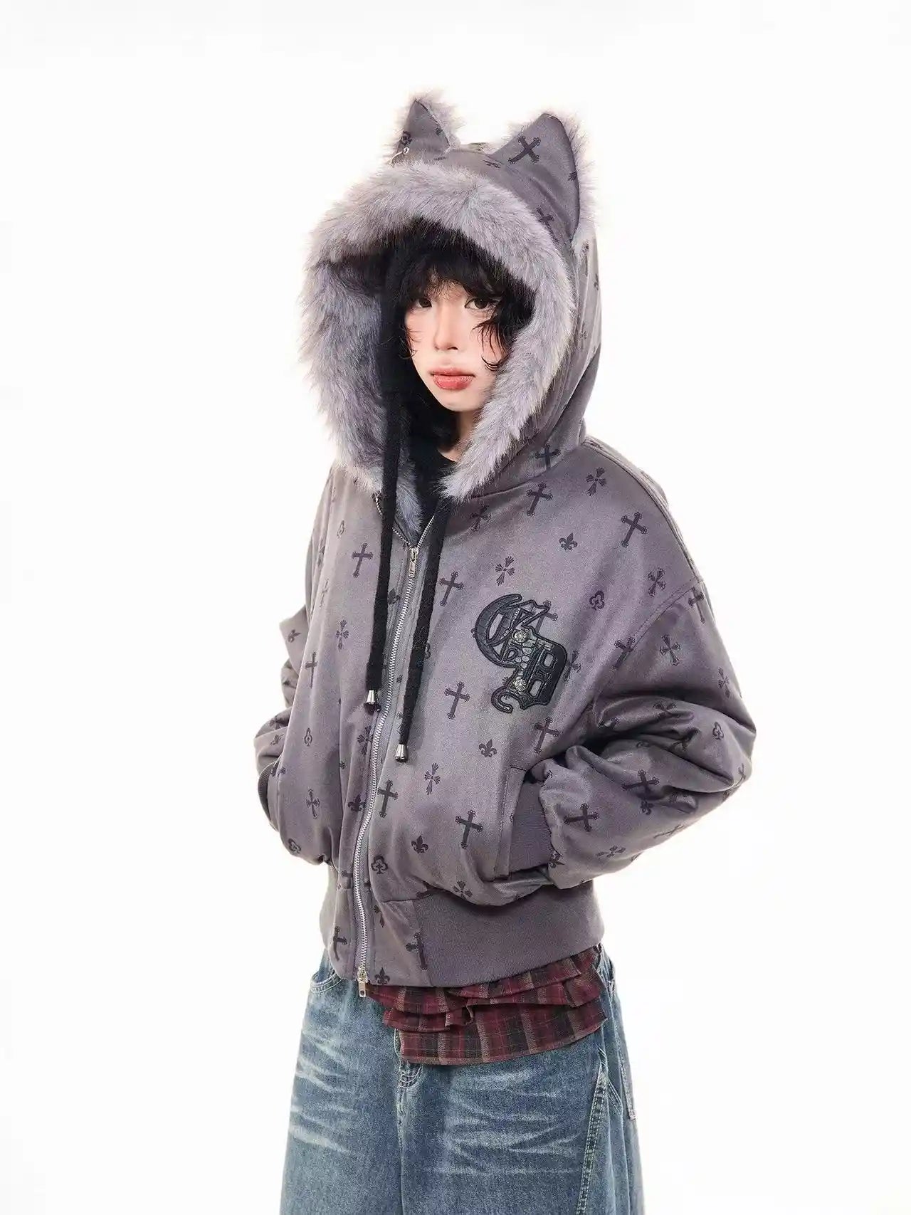 Vintage Suede Cross Faux-Fur Hooded Puffer  f0360