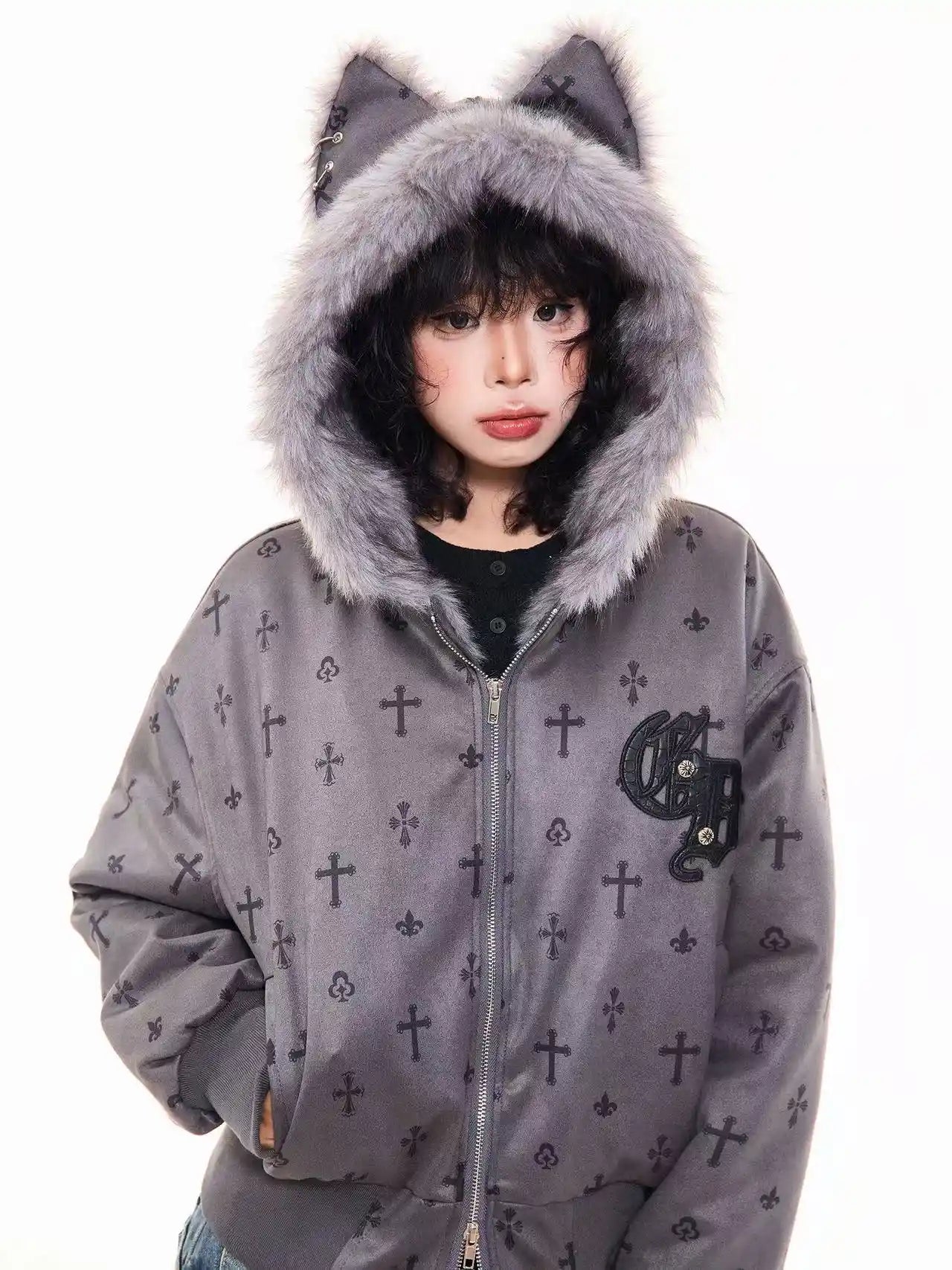 Vintage Suede Cross Faux-Fur Hooded Puffer  f0360