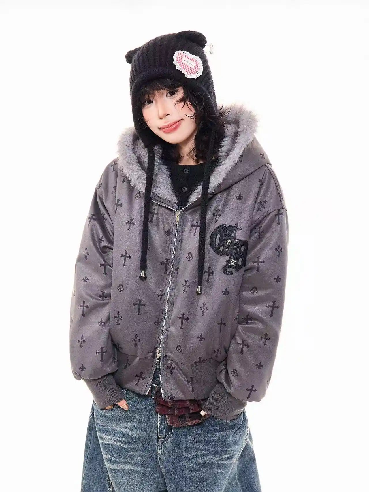 Vintage Suede Cross Faux-Fur Hooded Puffer  f0360