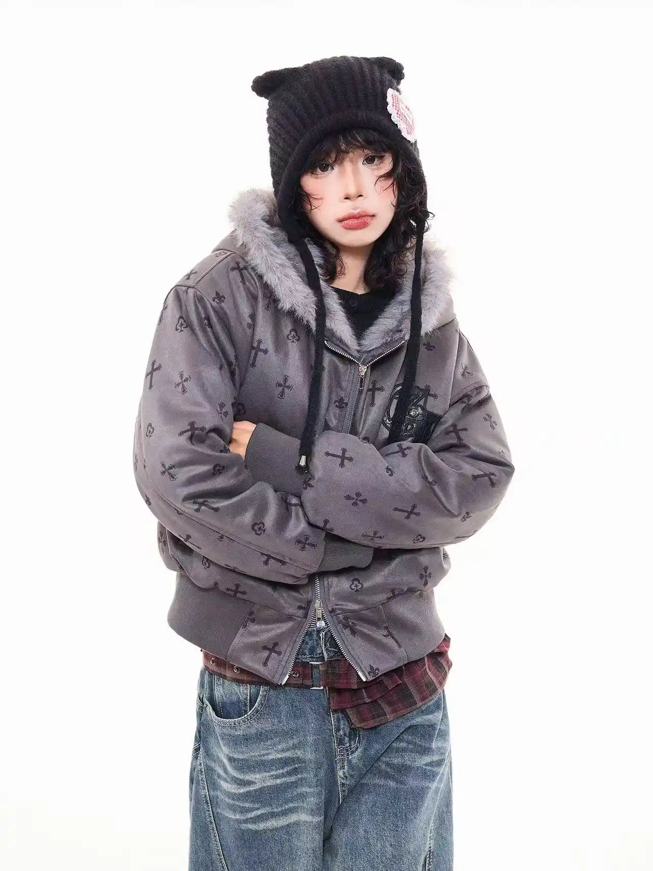 Vintage Suede Cross Faux-Fur Hooded Puffer  f0360
