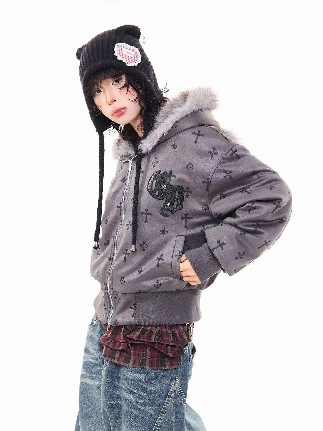 Vintage Suede Cross Faux-Fur Hooded Puffer  f0360