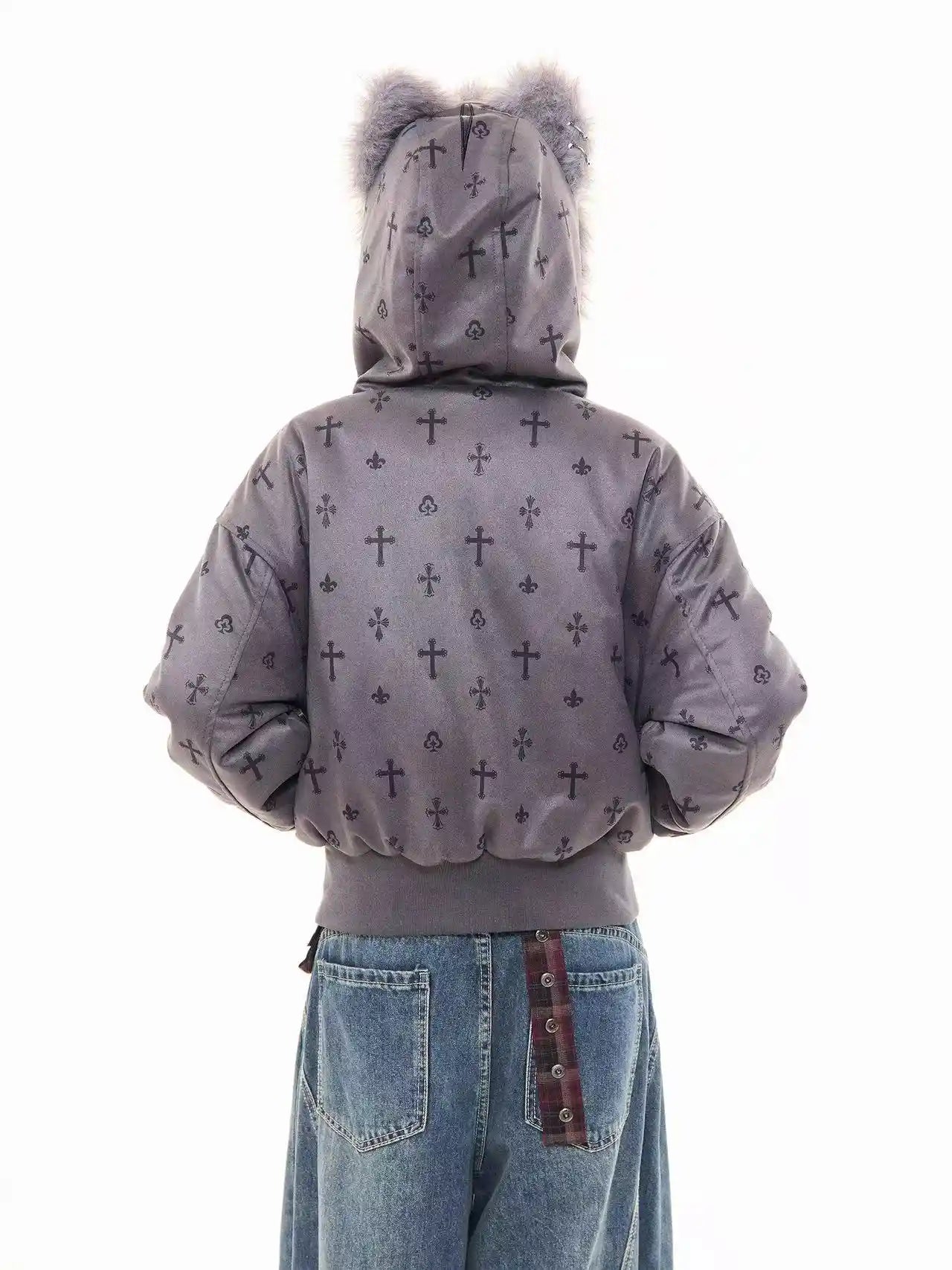 Vintage Suede Cross Faux-Fur Hooded Puffer  f0360