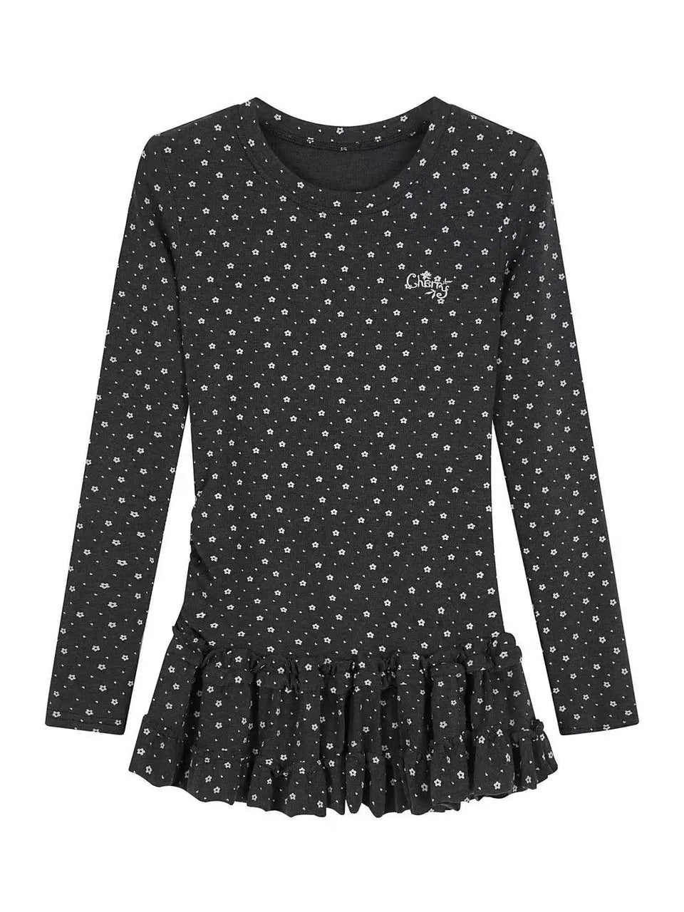 Floral Print Ruffled Hem Fitted Long Sleeve Top f0325